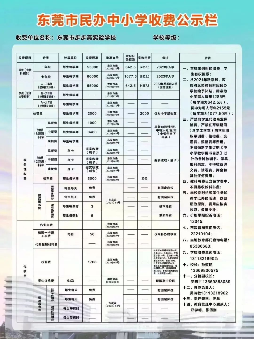 广东省实验小学收费表详解